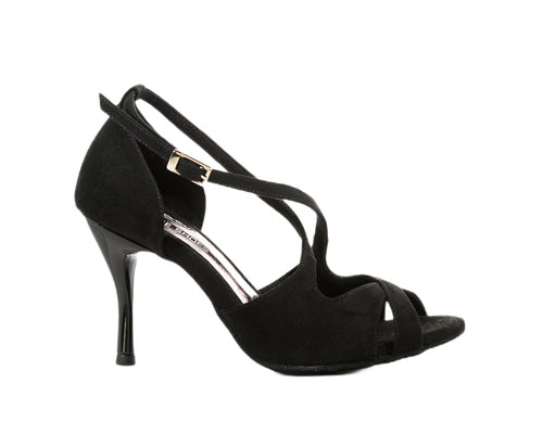 Tanzschuhe 736/486 von Dancing Queens: schwarzes Wildleder, Riemchen, Peeptoe mit kleiner Schnalle, perfekt für Bachata-Nächte.
